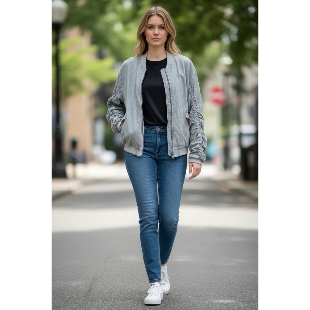 Free People Women's Medium Ruched Sleeve Bomber Jacket Olive Green Linen Blend - Picture 10 of 10